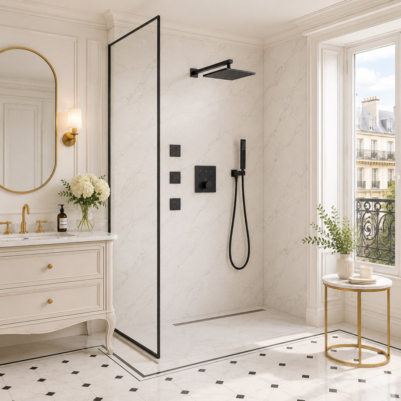 Ensemble de robinet thermostatique de douche à pluie 3 fonctions avec jets de corps, Noir mat