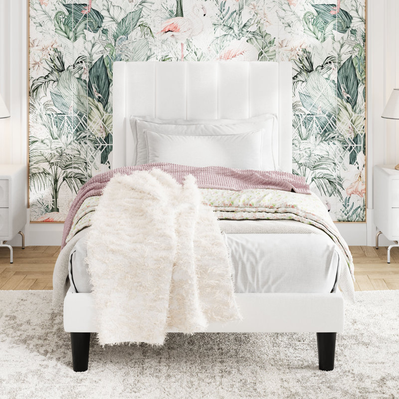 Modern Velvet Upholstered Platform Bed with Headboard, No Box Spring Needed, White, Twin