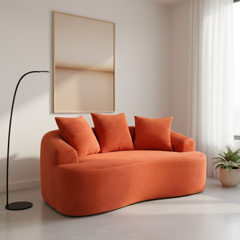 65,43 po incurvé, velours côtelé orange rouge, coussins à ressorts ensachés, 3 coussins décoratifs, petit espace en velours côtelé à récupération rapide