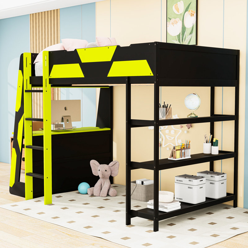 Full Wood Loft Bed with Desk, LED Light, Charging Ports and Shelves, Black/Green