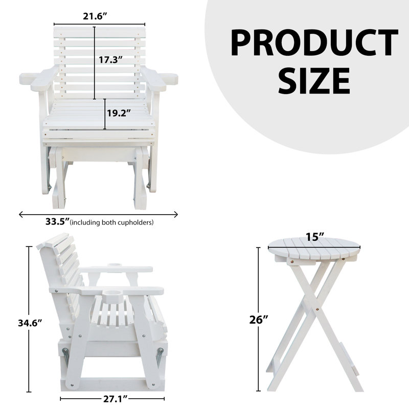 Consetta Outdoor Seating Group With Side Table, Solid Wood Glider Chair, White