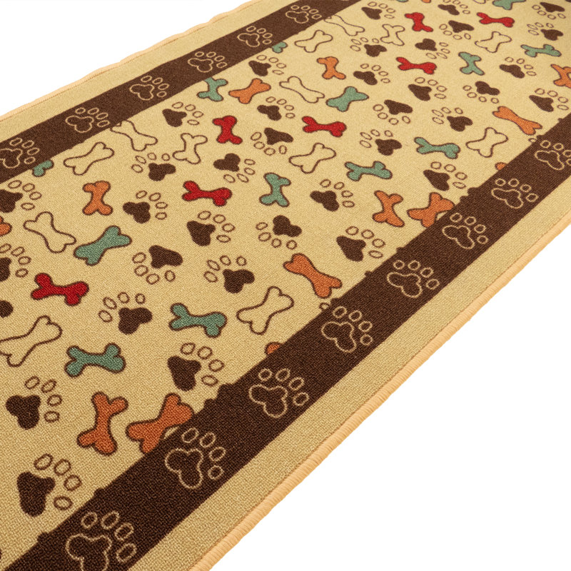 Custom Size Anti-Slip Low Profile Loop Pile Pet Paw and Bone Beige Animal Design Runner Rug, Rectangle 2'8" x 5'