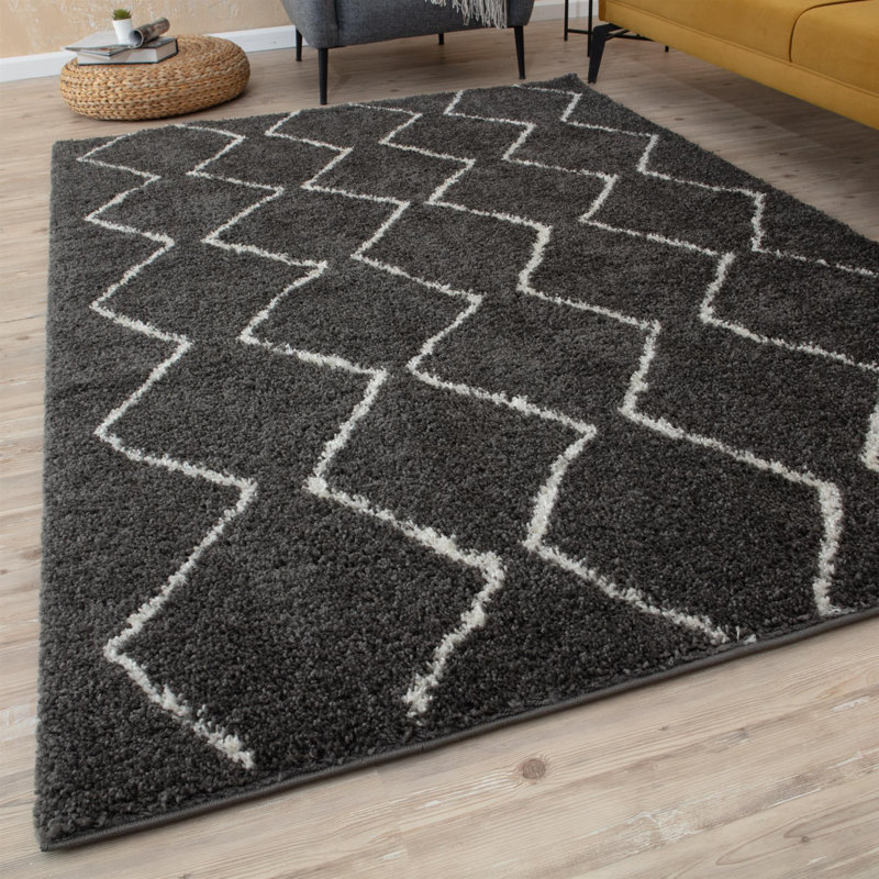 Moroccan Shaggy Collection Rugs Boho Design in Dark Grey/Ivory, Rectangle 160 x 230cm