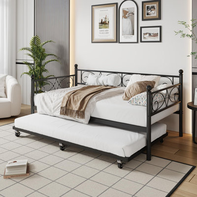 Daybed with Trundle Bed, Twin Size Metal Sofa Bed Frame with Floral Headboard and Pull-Out Trundle