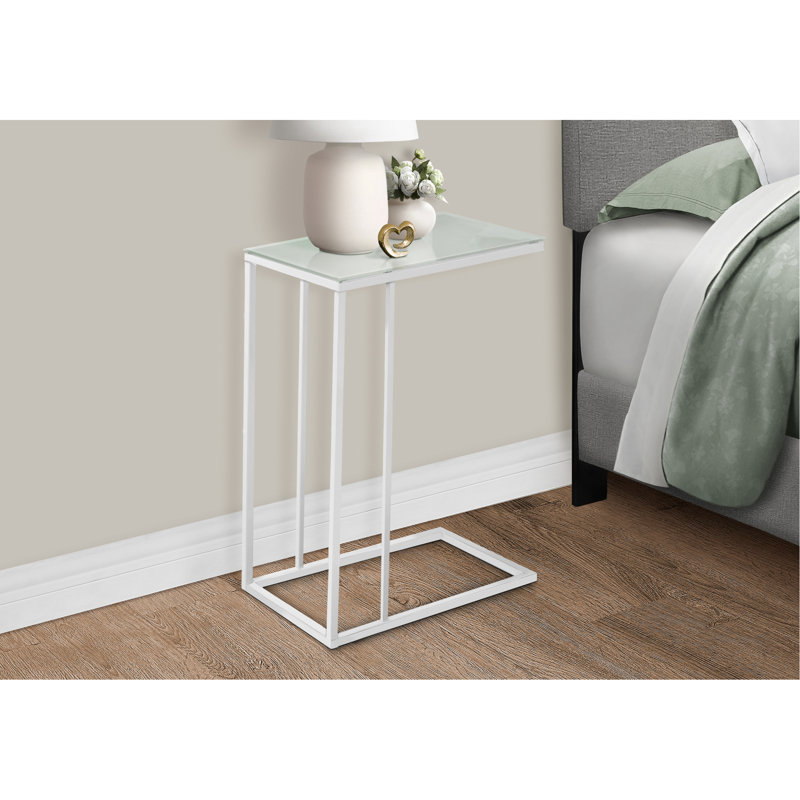 Table d'appoint, en forme de C, bout, côté, collation, salon, chambre à coucher, verre trempé, métal blanc, contemporain, moderne