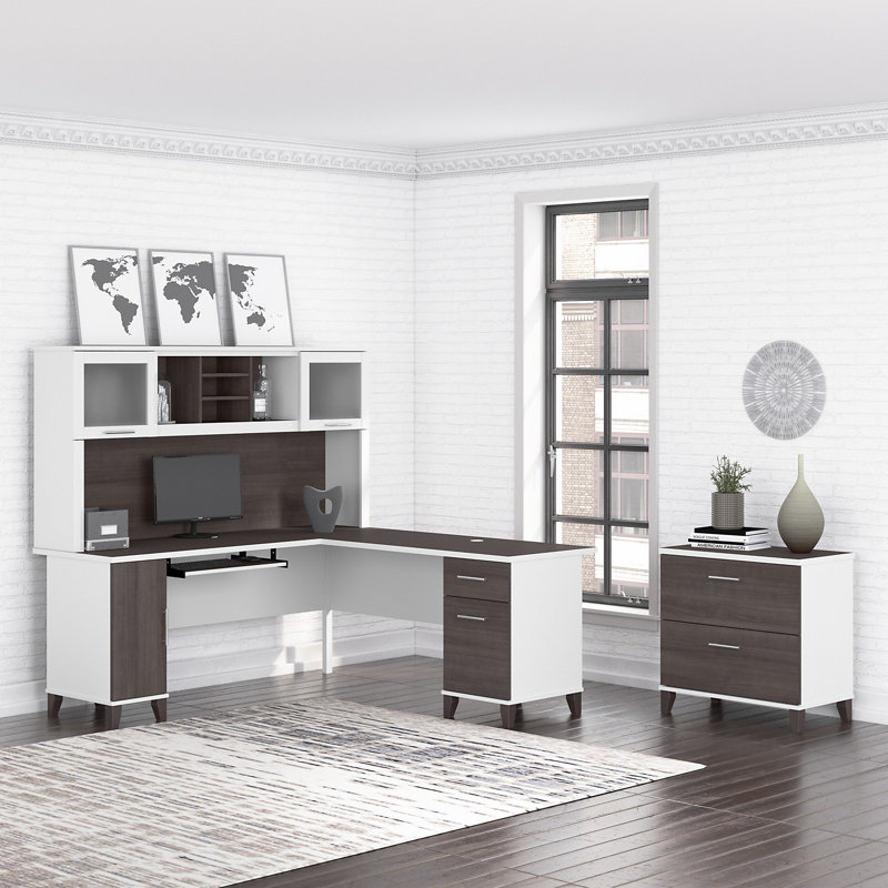 Ensemble de bureau avec rehausse Magomed, Gris orage / Blanc
