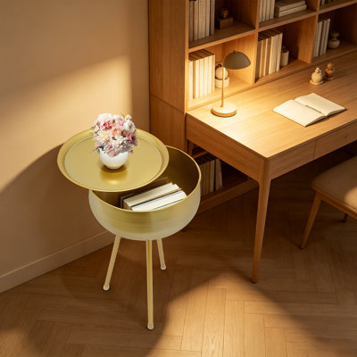 Table de bout ronde en fer 23,6 x 14,1 po avec rangement, table de bout en fer à 3 pieds
