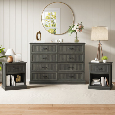 3 Pieces Bedroom Set,8 Drawer Dresser And 2 Nightstands