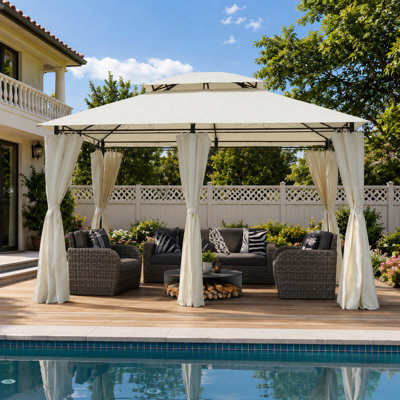 Tente de pavillon de jardin 13x10 avec double toit ventilé et paroi latérale (rideau amovible inclus sur tous les côtés), convient à la pelouse, au jardin, à la cour arrière et à la terrasse - beige