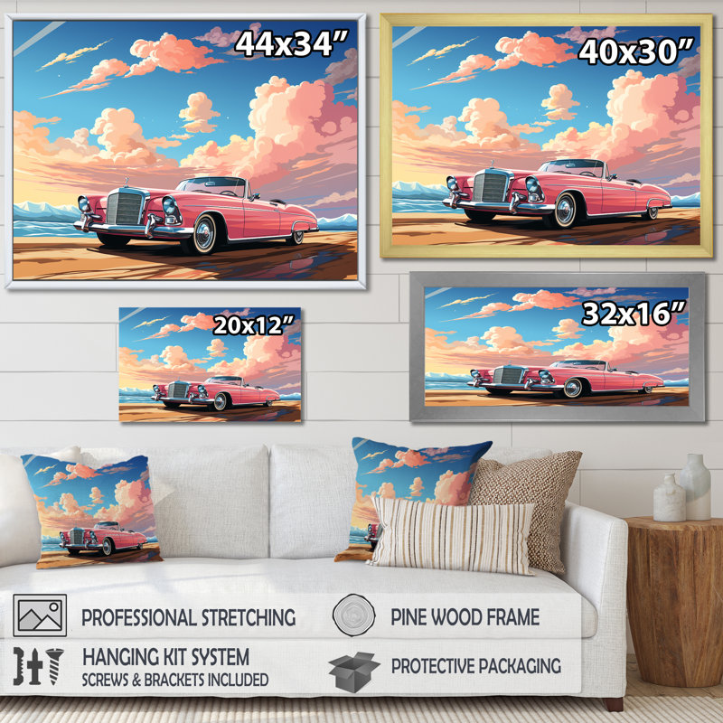Voiture rose Cadillac rose au coucher du soleil III - voiture ancienne, art mural américain, Cadre doré à coins fermés