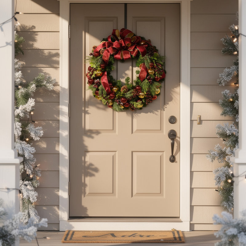 32" Evergreen Wreath With Berries, Ornaments And A Velvet Bow