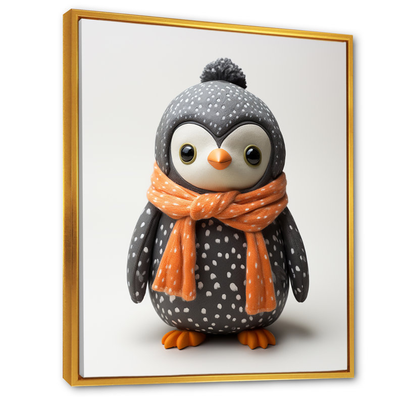 Jouet pingouin ludique sur toile, Cadre flottant doré, H 44 po x l 34 po x P 1,5 po