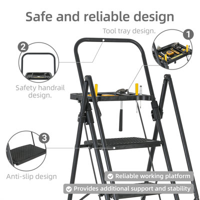 5-Step Reach Height Foldable Step Ladder With Tool Tray And Wide Non Slip Pedals, Convenient Handrails