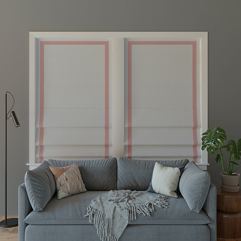 Sun Zero Hailey Pink Ribbon Border 100% Blackout Cordless Single Roman Shade, 35"W x 64"L