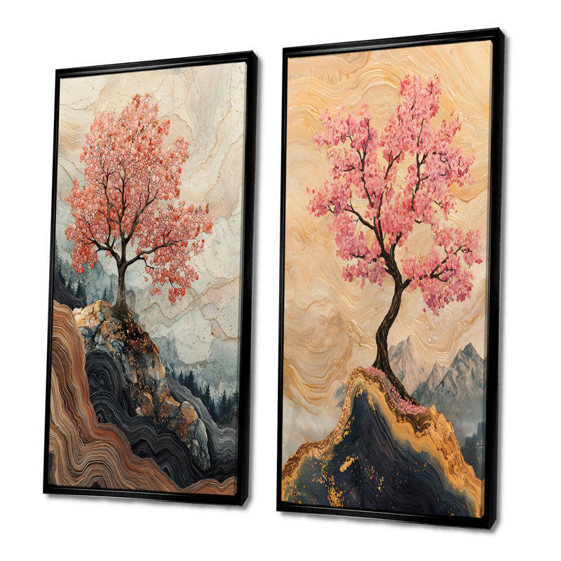 Fleurs de cerisier en écho de Sakura I - Art sur toile floral, 2 pièces, H 40 po x l 41 po, Cadre flottant noir