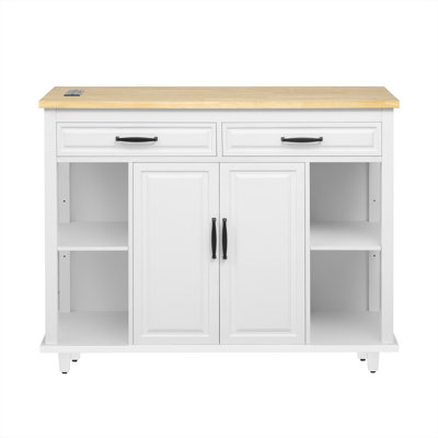 K&K 47 Inch Kitchen Island With Extendable Dining Table, Rubber Wood Veneer Kitchen Table With Internal Storage Rack, Power Outlet, Kitchen Island With Storage 2 Drawers 2 Cabinet,White