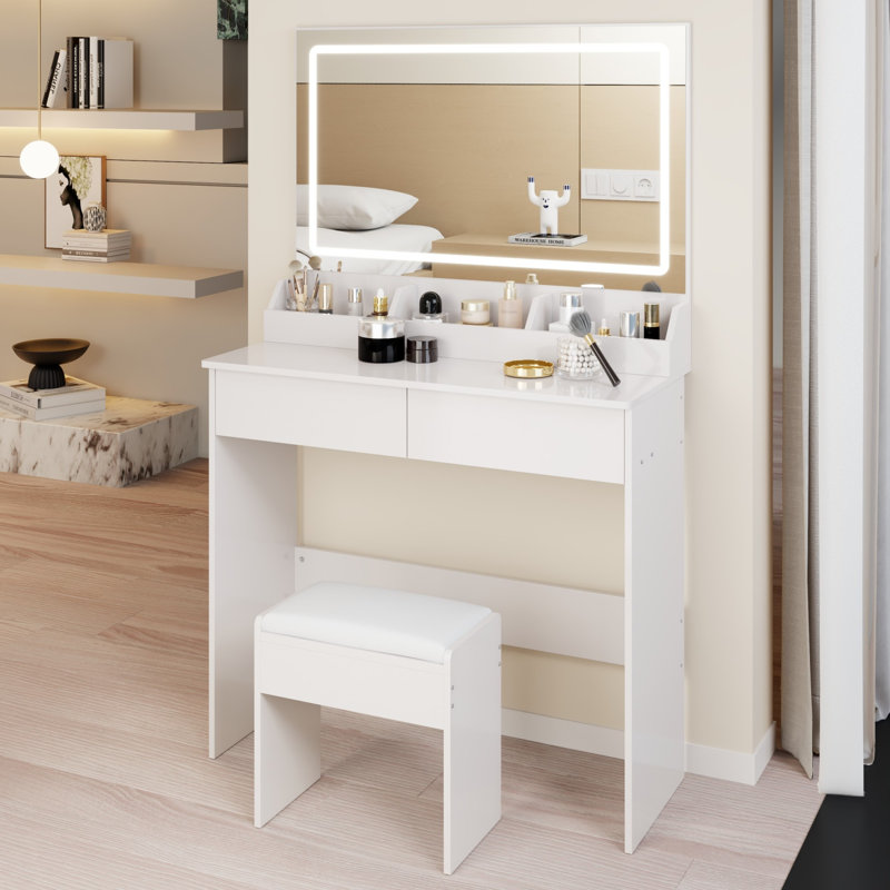 Très grande coiffeuse avec miroir à DEL, ensemble de tabourets à coussin souple, rangement de grande capacité, coiffeuse compacte convenant aux petits espaces