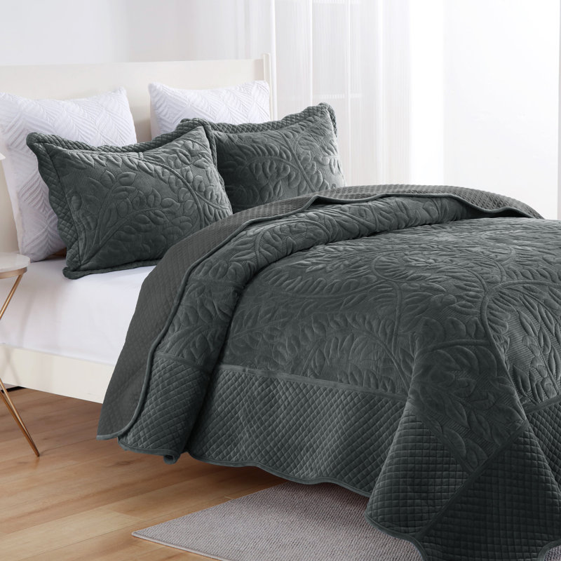 Dark Grey Queen Velvet Quilted 3-Piece Bedding Set