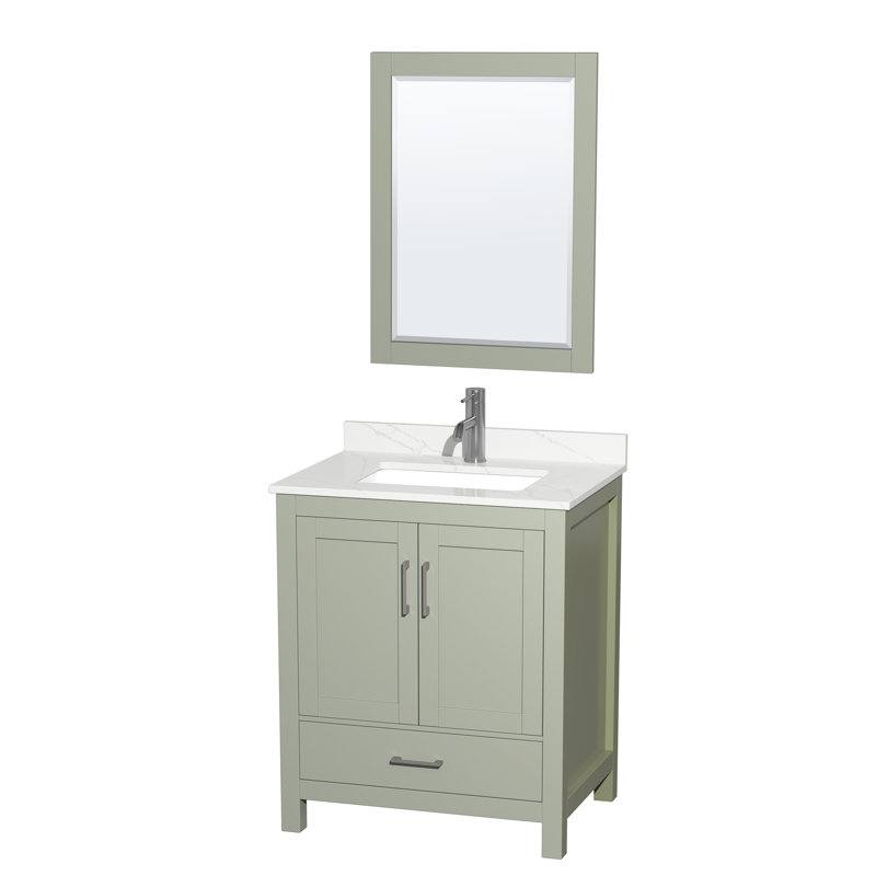 Ensemble de meuble-lavabo simple autoportant 30 po avec plateau en quartz Sheffield et miroir 24 po, Vert, Nickel brossé