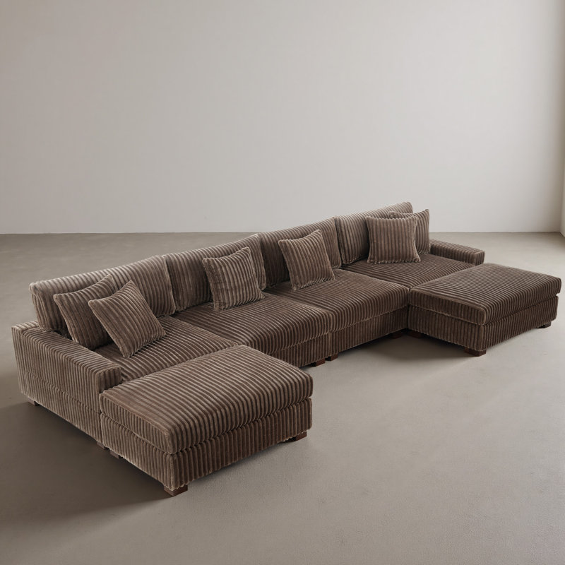 6 - Piece Upholstered Light Brown Faux Rabbit Fur Flannel Modular Sectional Sofa with Throw Pillows & Removable Ottomans