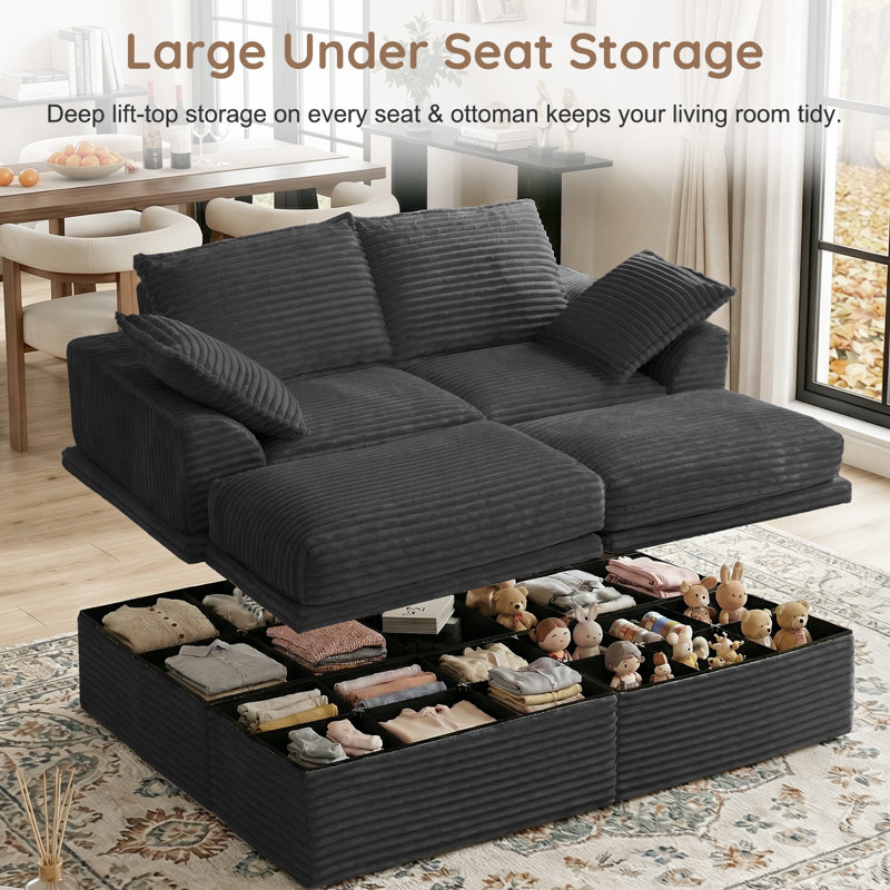 Boneless Oversized Corduroy Sectional Loveseat Sleeper Sofa, 4-Piece Modular Couch with Storage, 2 Ottomans & 2 Pillows for Living Room & Apartment, Easy Assembly Required