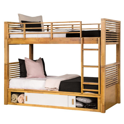 Oak Finish Twin Over Bunk Bed Featuring Transitional Design, Solid Wood Structure, Underbed Storage And Reversible In Finish, Unit With Sliding Door & Joint