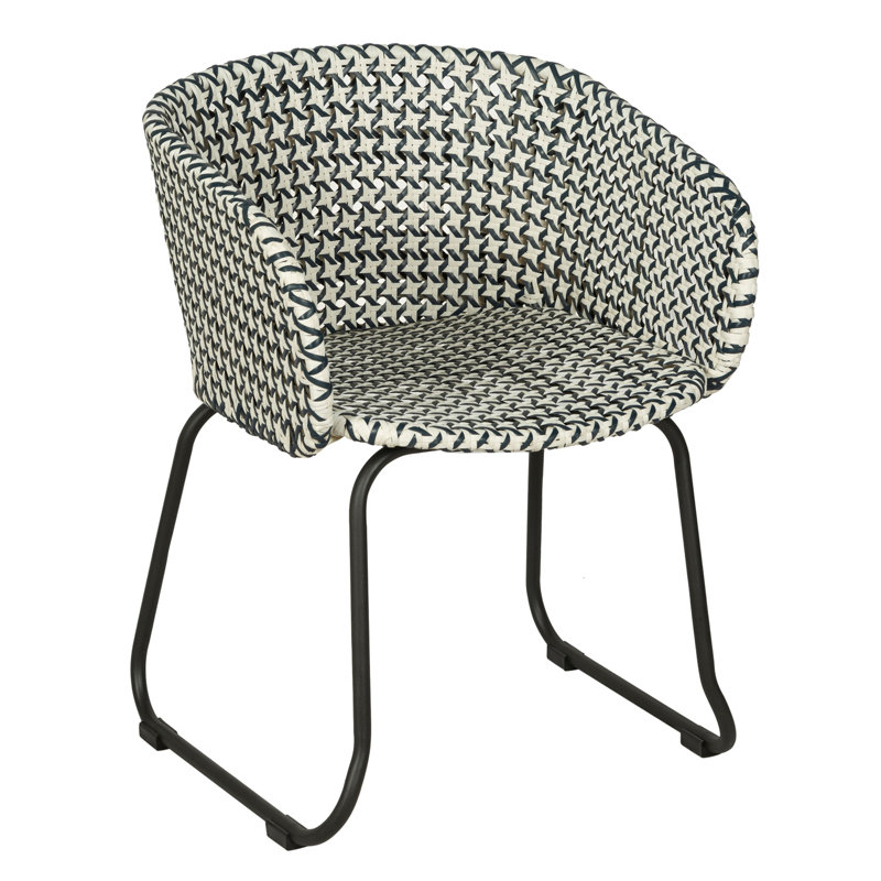 Luna Woven Rattan Outdoor Arm Chair, Blue/White Seat/Black Frame