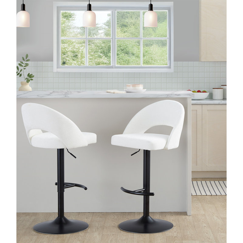 Tabouret ajustable avec pivot en métal et tissu crème avec repose-pieds rond en T - ensemble de 2, Crème, Noir