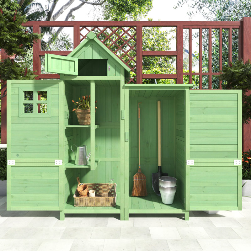 Outdoor Tall Garden Storage Cabinet Wooden Tool Shed With Pvc Roof, Green