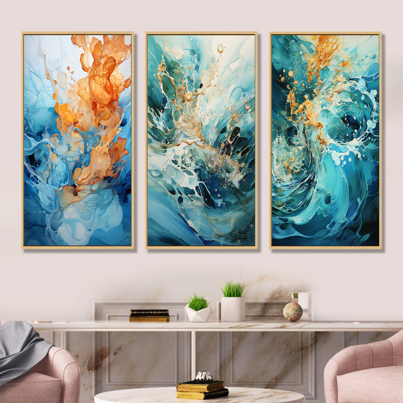 Ensemble de salon mural Aqua Dream Rush Flow I - Abstract Collages, H 40 po x l 60 po, Cadre flottant brun