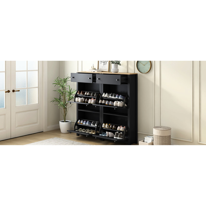 Rangement à chaussures noir avec 6 tiroirs, plateau en grain de bois, panneaux réglables, fabriqué à partir de panneau de particules et d'armoire pour utilisation, 4 tiroirs rabattables et 2 surfaces, fabrication stable