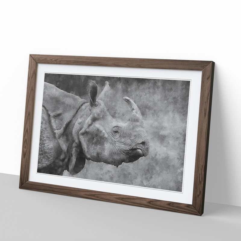 A Rhino - Picture Frame Painting, 36cm H x 48cm W x 2cm D, Walnut Framed