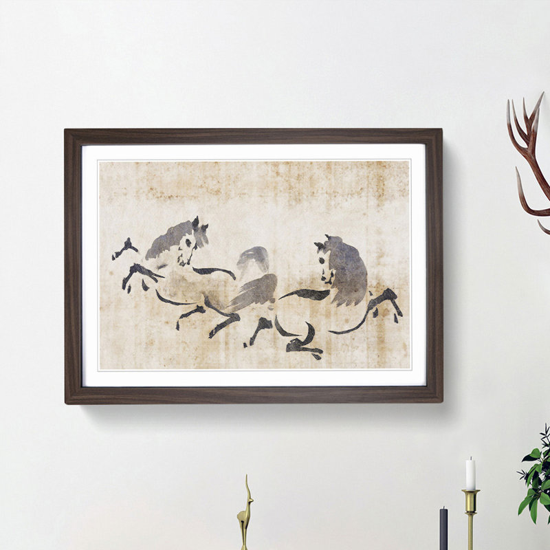 Two Horses Playing by Kano Tan'yu - Picture Frame Painting Print, 36cm H x 48cm W x 2cm D, Walnut Framed