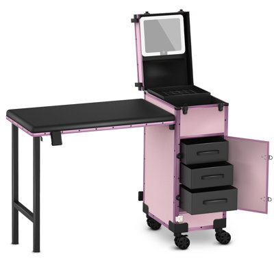 Table de manucure roulante portative avec 3 tiroirs, miroir et organisateur de vernis à ongles, trousse de maquillage verrouillable avec bureau à ongles pliable