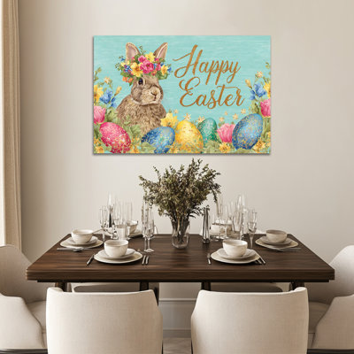  Spring Easter Bunny Wall Art, Spring Easter Bunny Pictures Wall Decor, Easter Egg and Rabbit Pictures, Easter Prints for Living Room Bedroom Kids Room Nursery Ready To Hang 24" × 36"