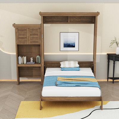 Grand lit escamotable en bois avec tablettes, conception classique à persiennes