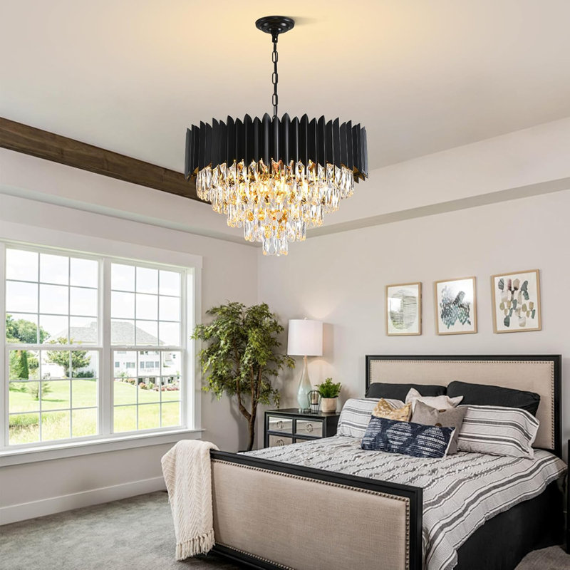 Modern Black Vertical Slat & Crystal Chandelier, E14 Base, 4 Size Options, No Bulb, 5 Tiers, 9 Lights