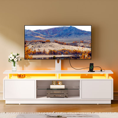 LED Modern Entertainment Center TV Console Stand Mount Media Cabinet With Mount And Power Outlets With Storage by Wrought Studio
