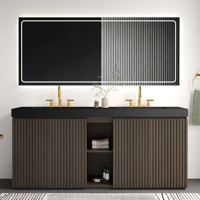 72F" Smoked Oak Bathroom Vanity with Sink, Large Storage Freestanding Bathroom Vanity for Modern Bathroom, One-Piece Black Quartz Sink Basin without Drain and Faucet, LTL