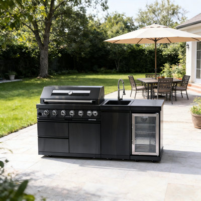 85 000, 6 brûleurs, gril en acier inoxydable, cave à vin, réfrigérateur compact, trousse, comptoirs en granit, fêtes d'été en plein air, îlot de cuisine de style américain avec brûleur et évier pour le salon