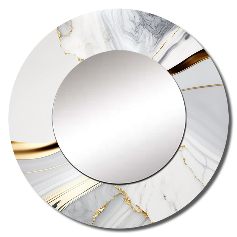 Omelus abstrait Geode Waves Gray IV - miroir abstrait, miroir mural rond gris, impression sur métal, 29 po x 29 po