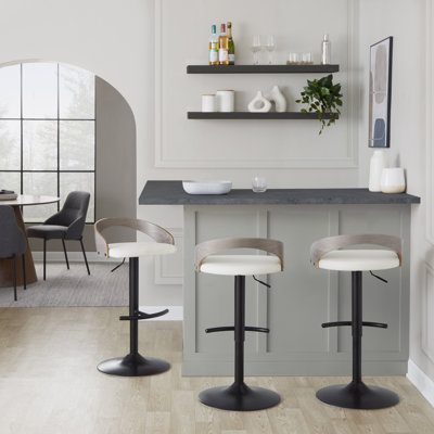 Grotto Contemporary Adjustable Barstool With Swivel In Metal, Wood, And Faux Leather With Round T Footrest By Lumisource - Set Of 3