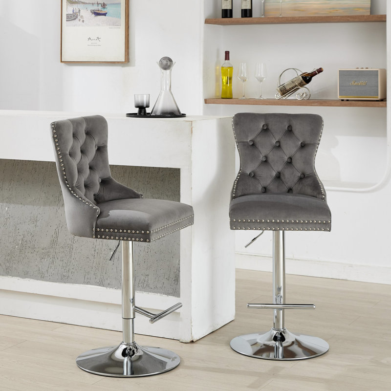 Épais velours pivotant gris de 2, réglable de 25 à 33 po de hauteur, avec boutons, siège à ressorts, en éponge et à ressorts pour tables de pub et îlots de cuisine, hauteur 2, base moderne rembourrée de 17,7 po, boutons Home
