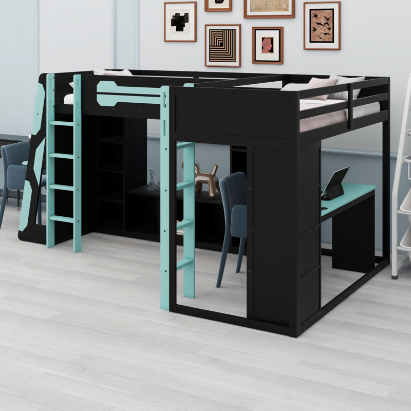 L-Shaped Wooden Gaming Bed Frame With RGB LED Lights, Dual Beds, USB Ports, TV Stand & Storage Shelves, Reversible Layout, Space-Saving Wood Loft Bed For Teens & Adults