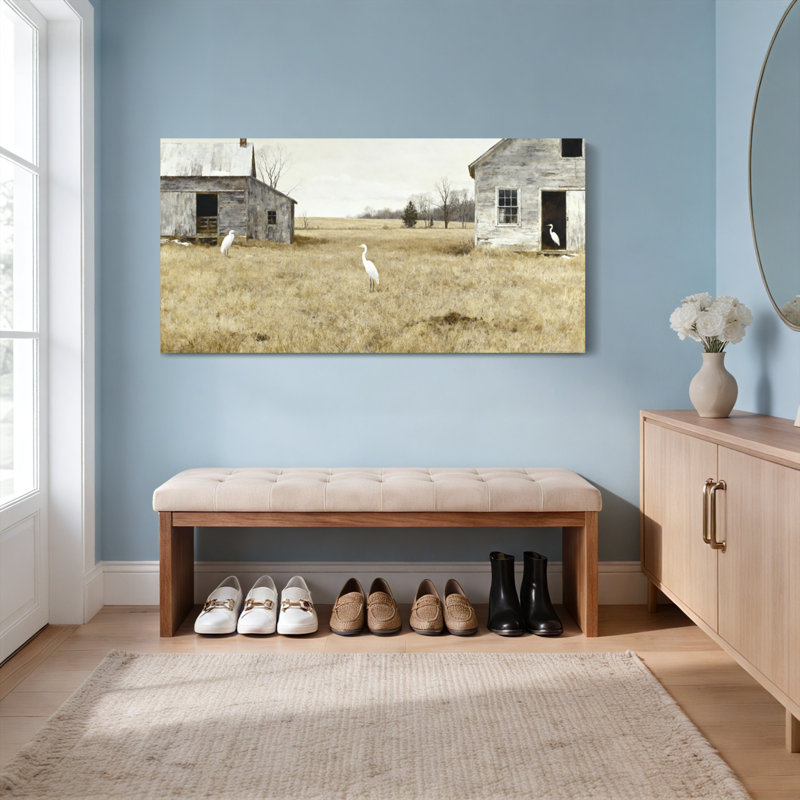 Ensemble de 1 tableau sur toile tendue représentant des hérons blancs dans un champ de grange rustique, H 12 po x l 36 po