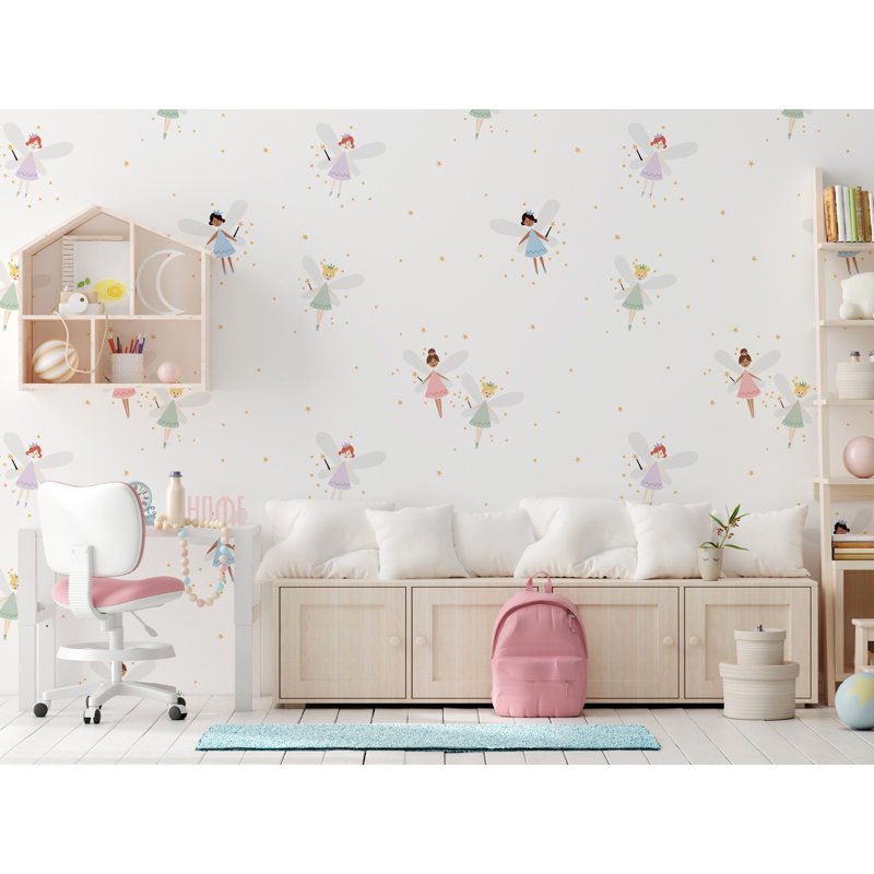 Murale princesse féerique | Papier peint adhésif filles blanches pastel | Décoration murale amovible pour chambre d'enfant