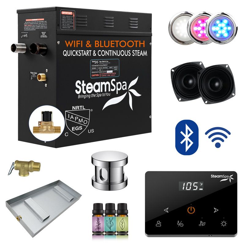 Black Series 7.5KW Steam Bath Generator With Fully Wireless Remote, BLUETOOTH, WIFI, And Auto Drain In Polished Chrome
