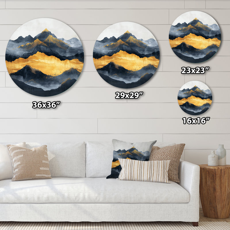 Mountain Mirage en noir et or - grand art mural rond en métal abstrait, L 29 po x H 29 po