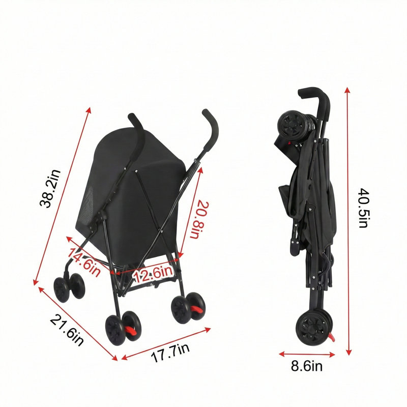 Poussette noire pliable pour animaux de compagnie, idéale pour les petites canines et les félins, équipée de panneaux en filet ventilé et d'un porte-boisson