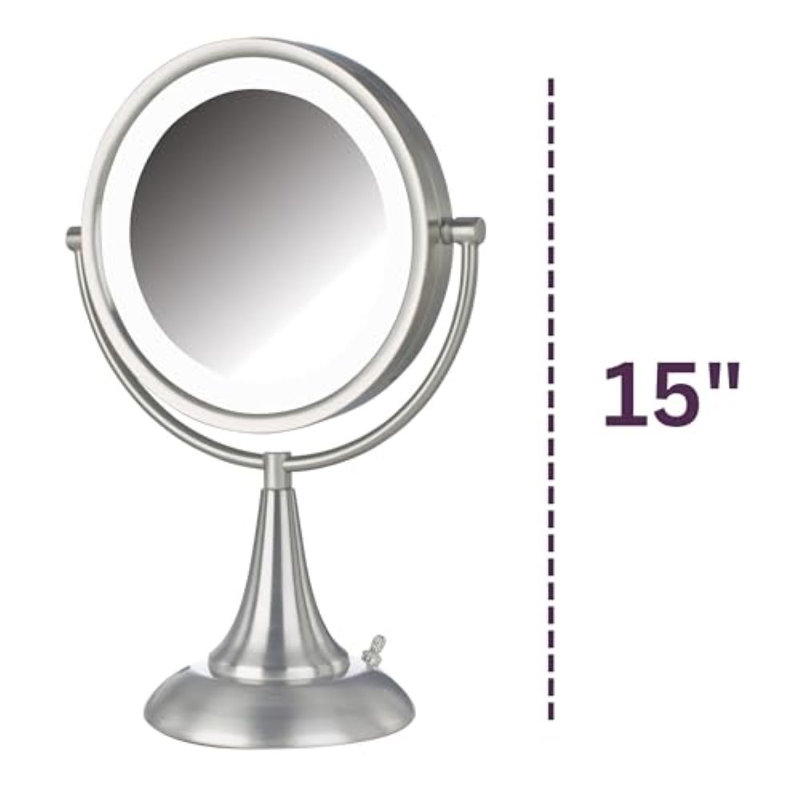 8.5" Lighted Tabletop Magnified Makeup Mirror, Plug In, Nickel